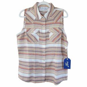 Panhandle Slim Women's Sleeveless Woven Serape Stripe Snap Tank Top Shirt Cream